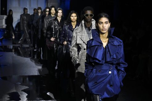 LONDON, ENGLAND - FEBRUARY 23: Models walk the runway at the Burberry show during London Fashion Week February 2026 at Old Billingsgate on February 23, 2026 in London, England. (Photo by Stuart C. Wilson/Getty Images)